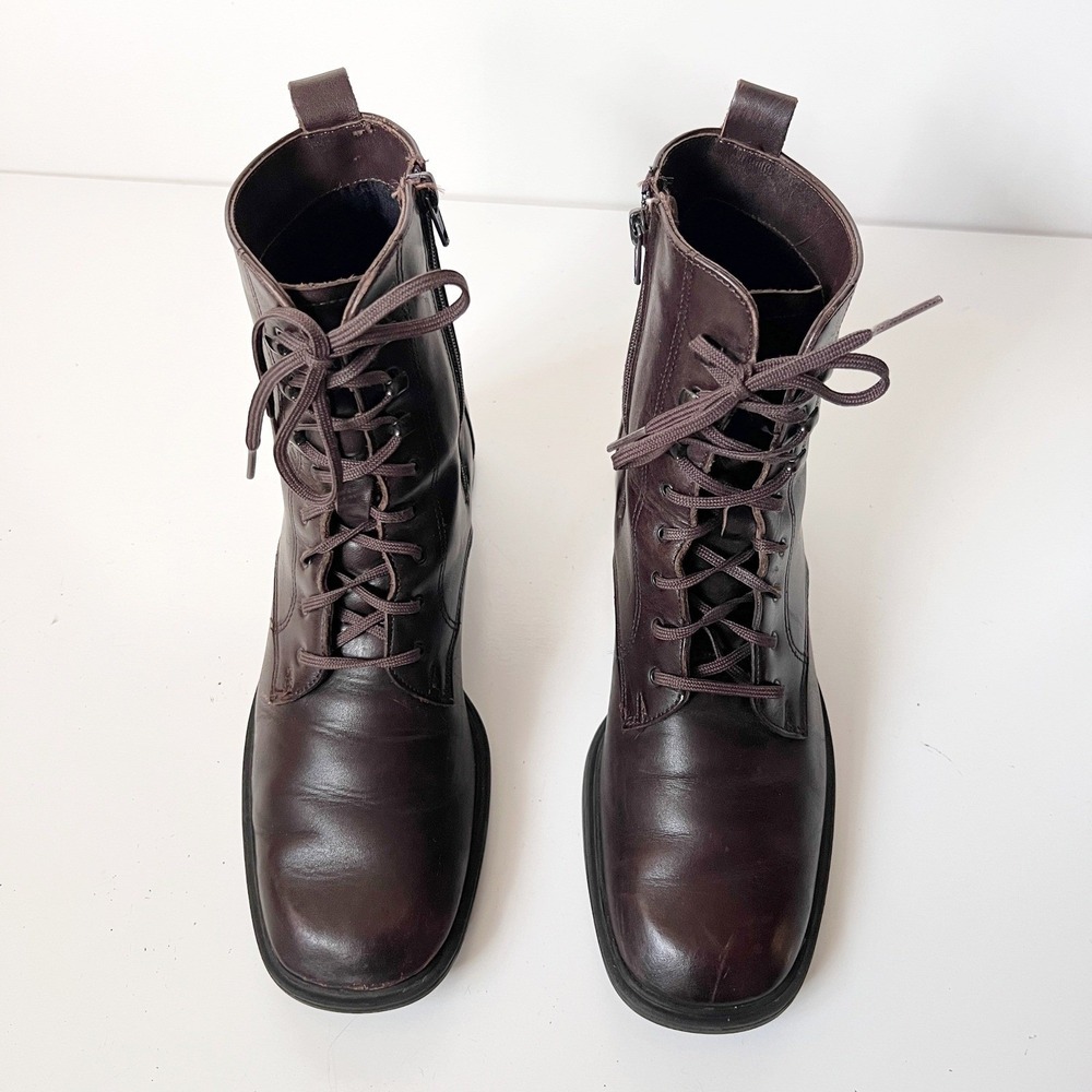Vintage Brown Leather Square Toe Waterproof Lace Up Boots 90s Grunge Size‎ 7